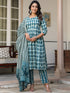 Teal Blue Pure Cotton Abstract A-line Kurta Set